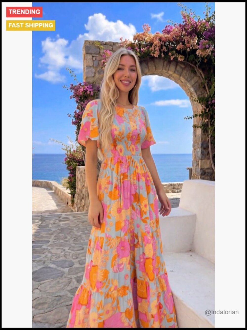 Boho Floral Maxi Dress with Flutter Sleeve, Smocked Bodice, Tiered Skirt - Picture 7 of 7